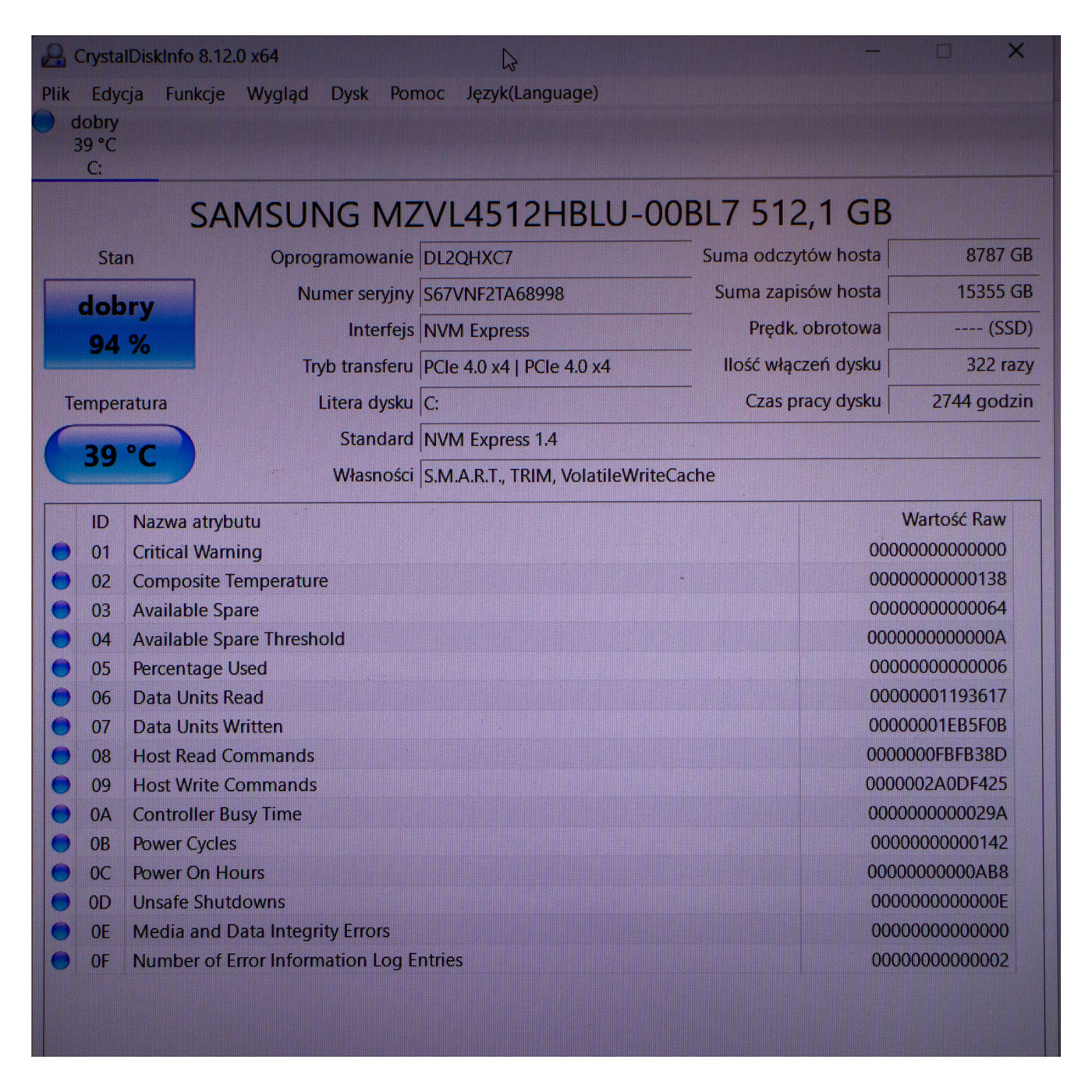 M.2 512 GB Samsung 2280 PCIe 4x4 NVMe 1.4 Hard Drive