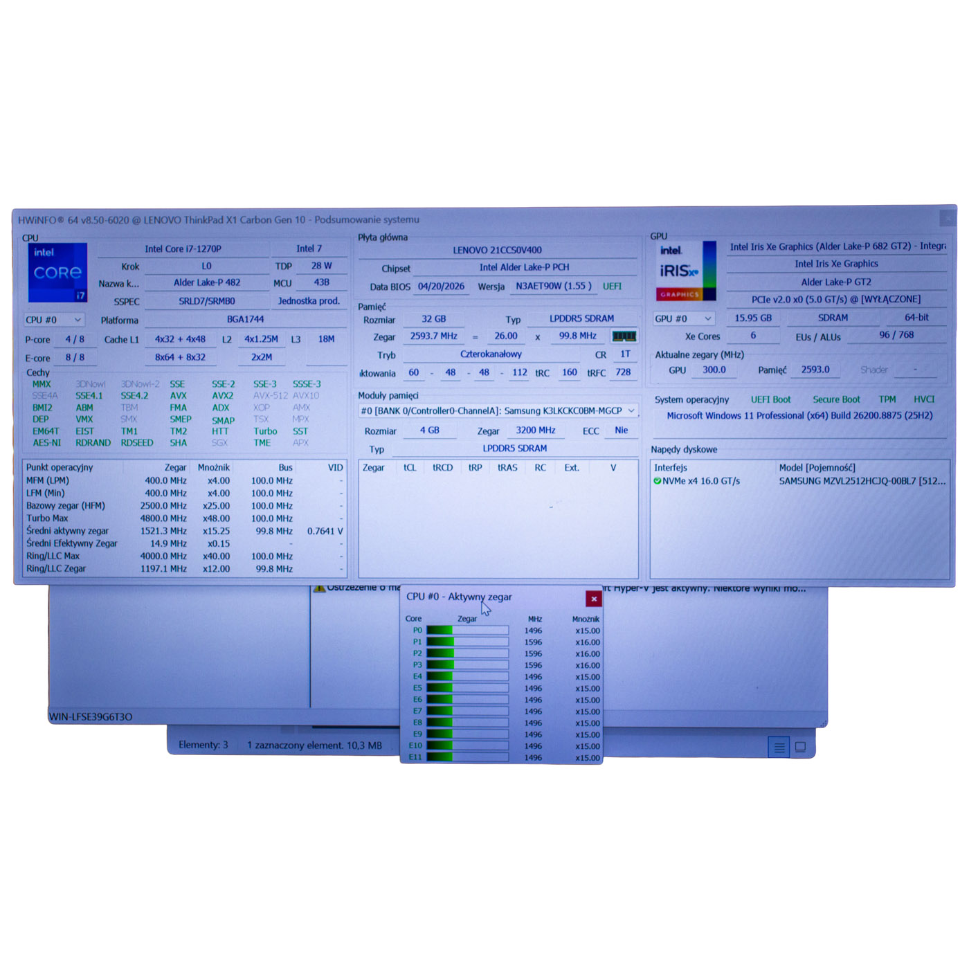 Lenovo X1 Carbon 10 i7 1270P motherboard processor