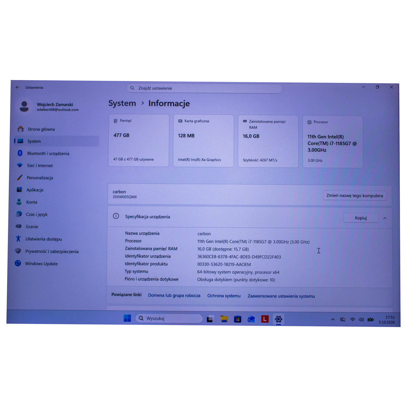 System Board Intel i7-1185G7 16GB Lenovo ThinkPad X1 Carbon Gen 9