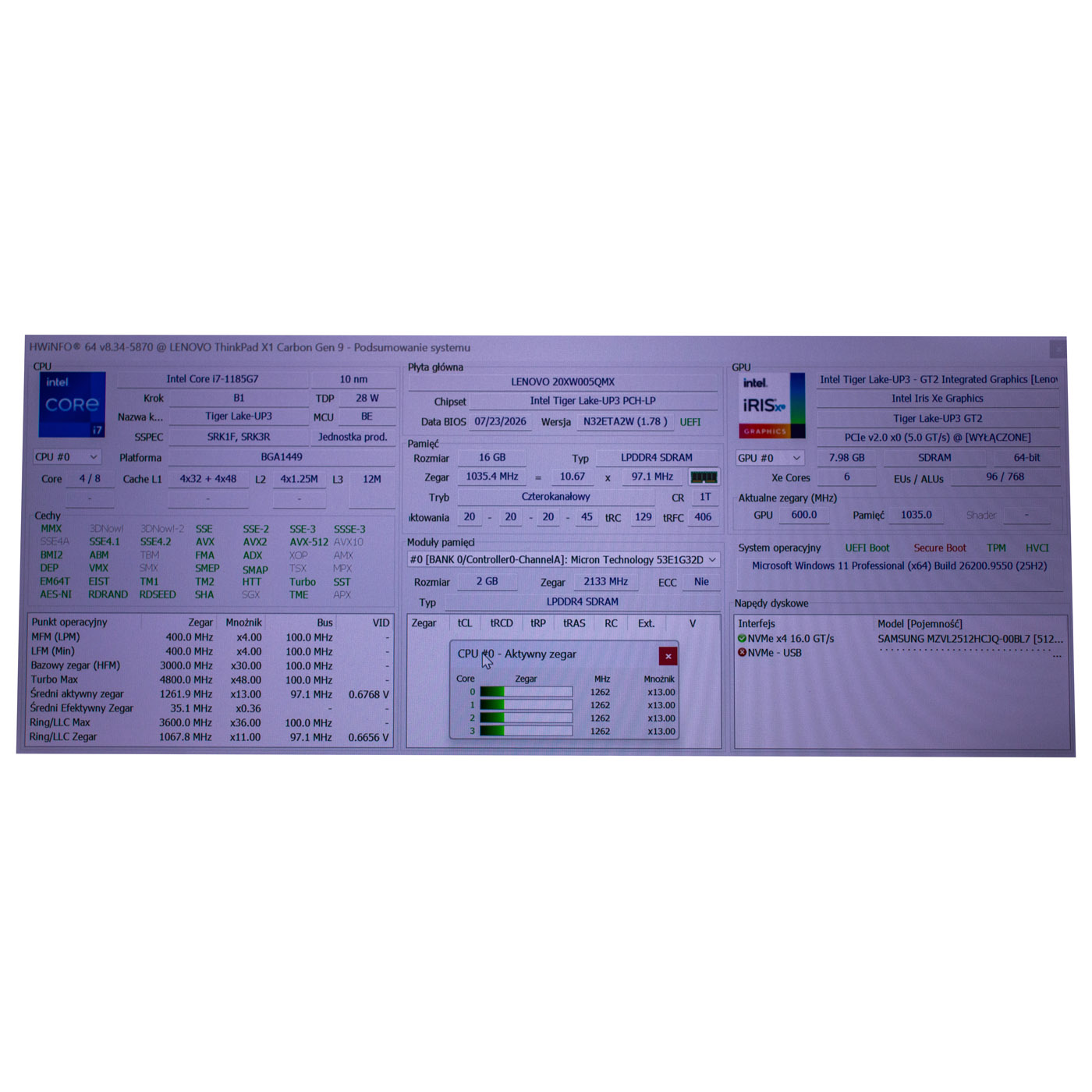 System Board Intel i7-1185G7 16GB Lenovo ThinkPad X1 Carbon Gen 9