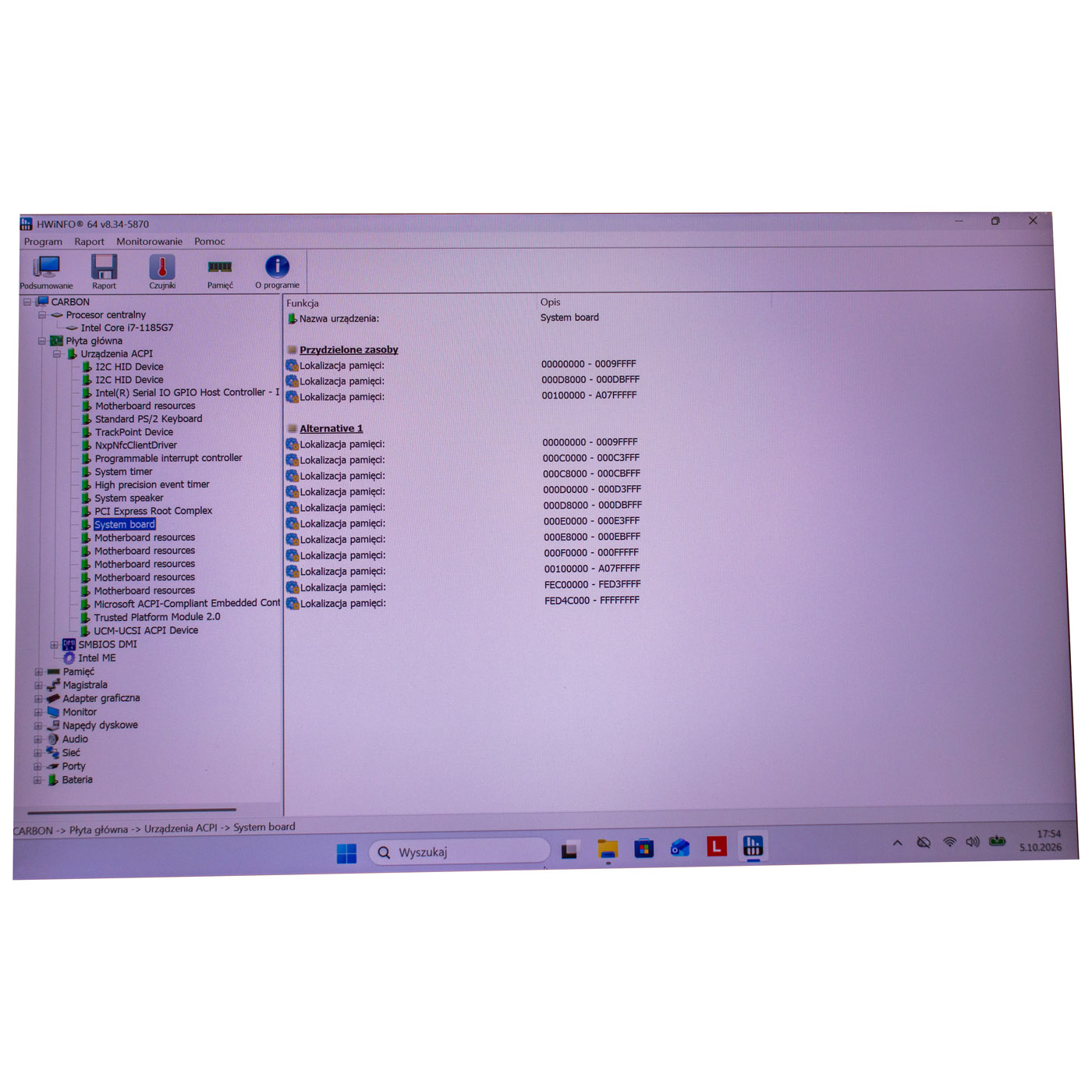System Board Intel i7-1185G7 16GB Lenovo ThinkPad X1 Carbon Gen 9