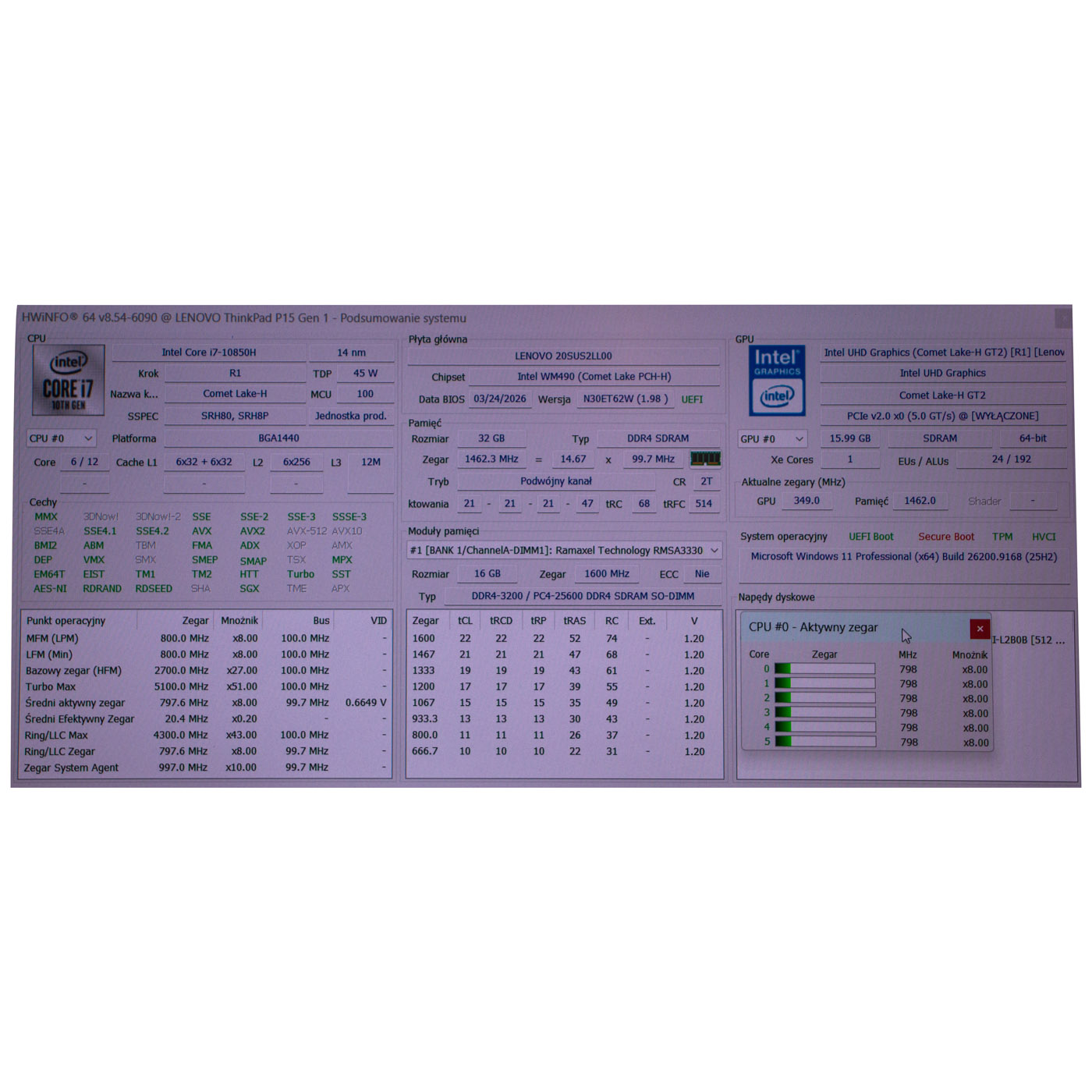 Motherboard intel processor Lenovo ThinkPad P15 i7 10850H